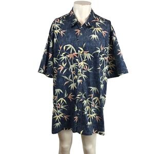Two Paddles Mens 3XL Hawaiian Shirt Navy Blue Bamboo Leaf Print Made in Hawaii